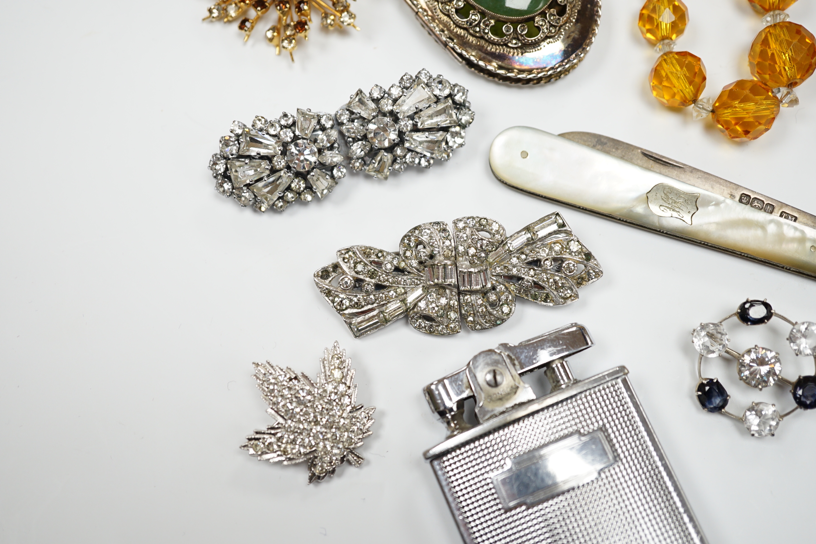 Assorted paste set jewellery etc and other items including compacts and a Ronson lighter.